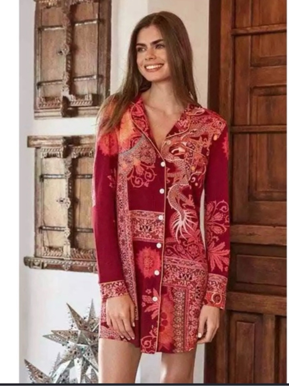 Johnny Was Dragonia print Red and Orange Paisley Print Sleep Dress